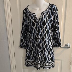 White House Black Market Blue Graphic Tunic Dress with 3/4 Sleeves